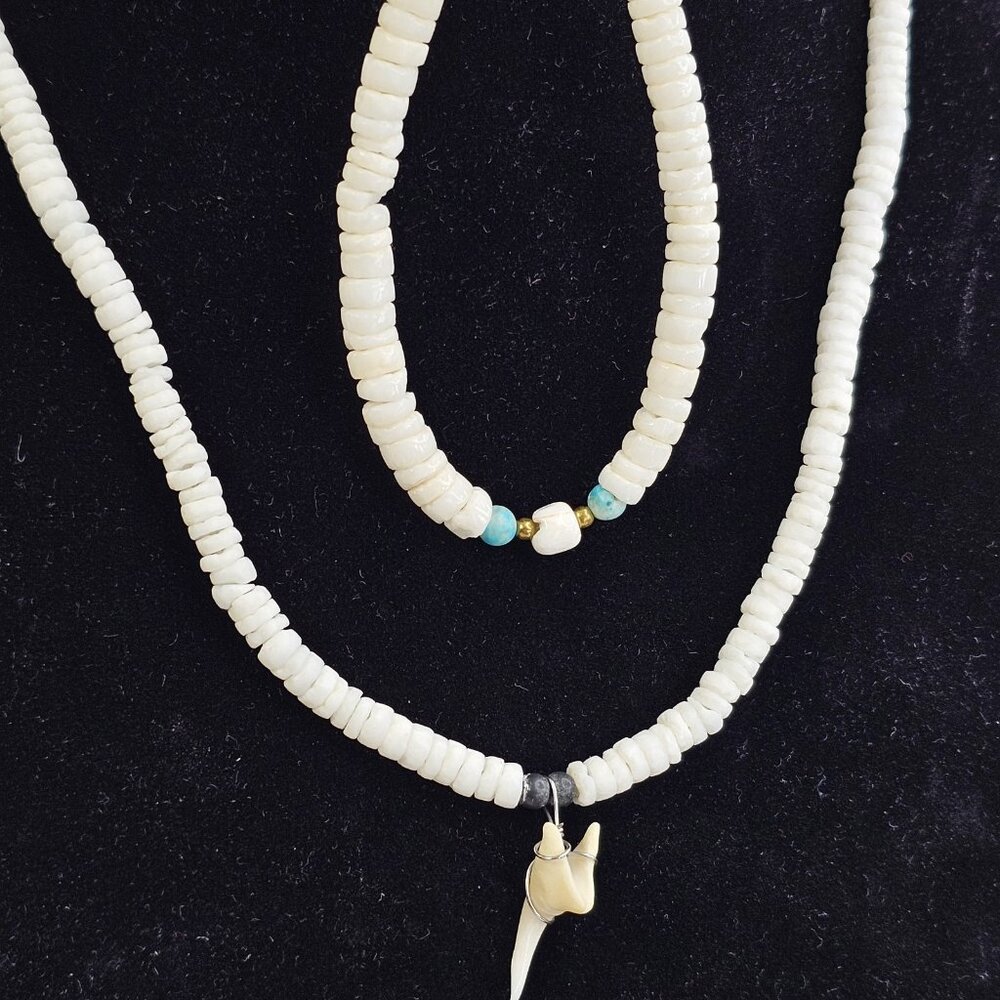 Puka Shell Shark Tooth Necklace With Matching Puka Shell Bracelet Hawaiian USA